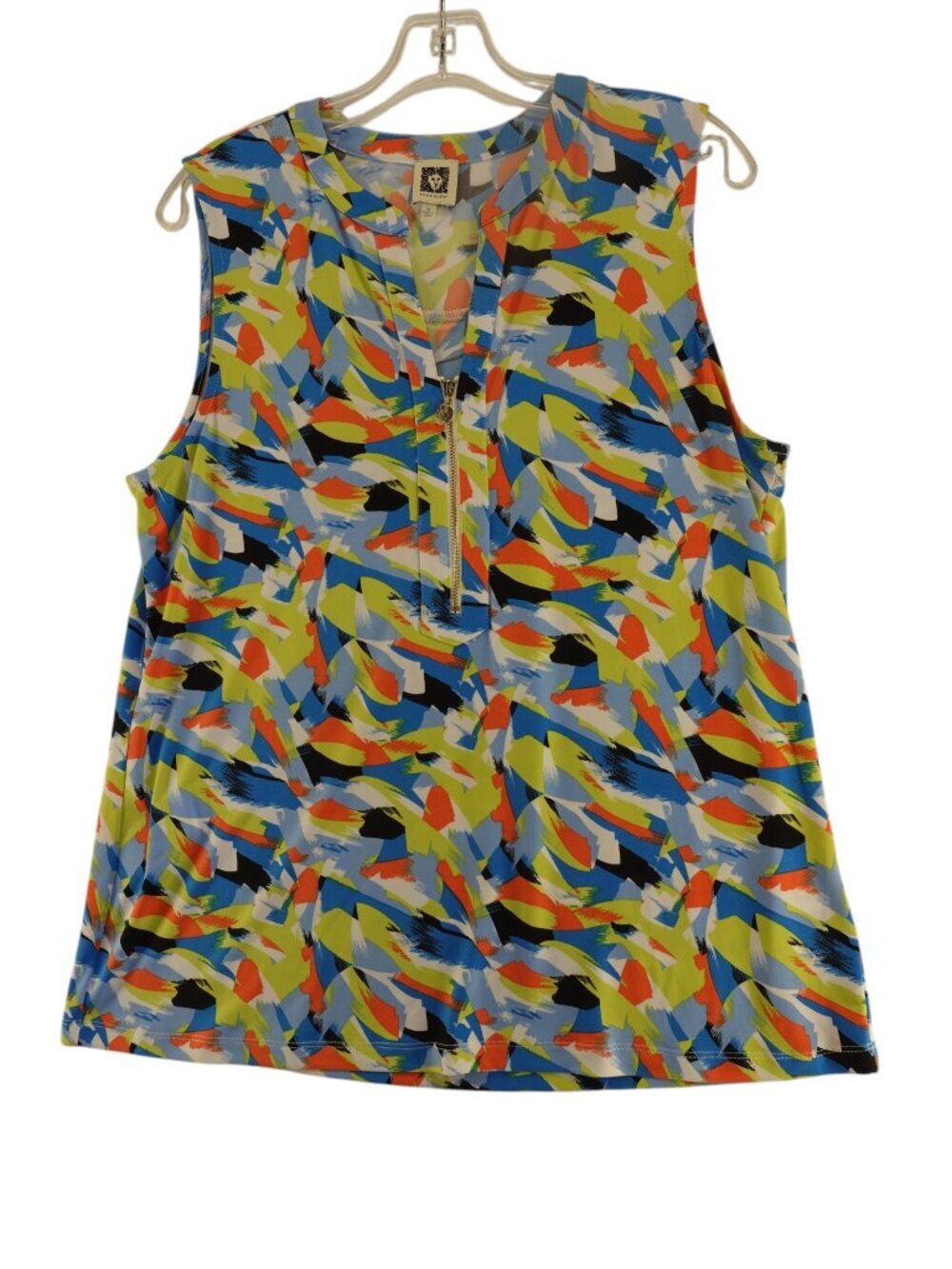 Anne Klein Sleeveless V-Neck Half Zip Blouse Multicolor abstract size M NEW